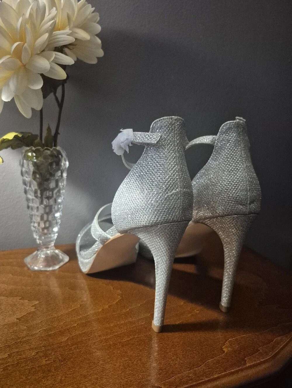 Silver Glitter Ankle-Strap Stiletto Heels